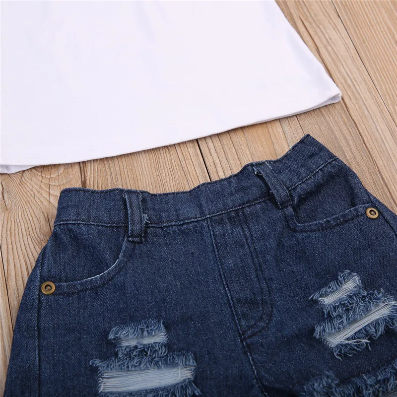 2PCs/Set Toddler Kids Baby Girls Clothing Outfits Set 3D Flower Cute Tops Shirt Denim Shorts Pants Jeans Clothes Sets | Детская одежда