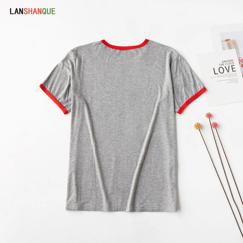 LANSHANQUE женская новая летняя футболка casual Повседневная однотонная серая с