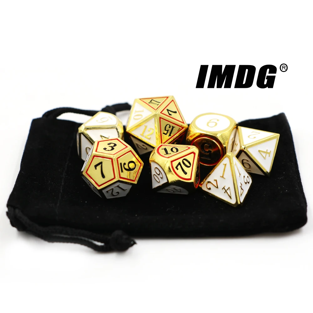 

IMDG 7 шт./компл. креативные игровые кости для ролевых игр, многогранные металлические кости с эмалью DND, двухцветные Золотые и белые цифровые и...