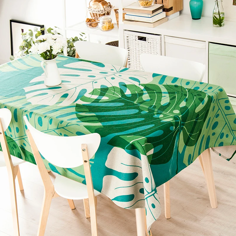 Декоративная льняная скатерть с зелеными листьями растений свадебная обеденная