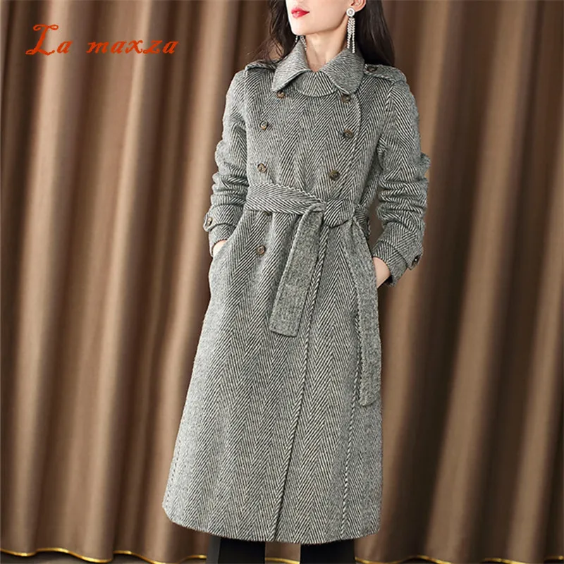 Женское длинное шерстяное пальто винтажное Элегантное повседневное большого