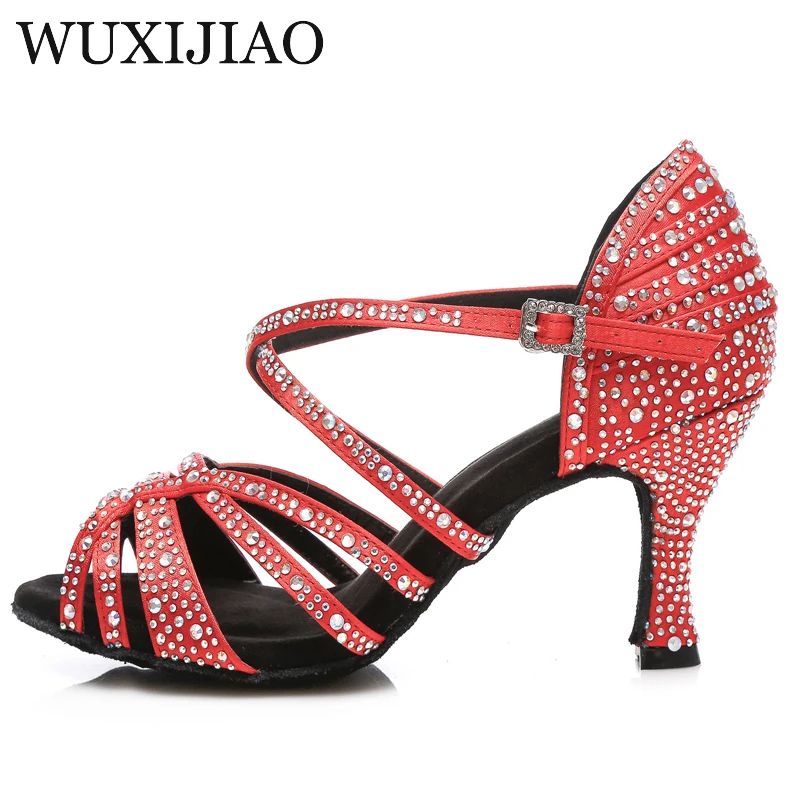 WUXIJIAO Latin Dance Shoes Women New laser Rhinestone Satin Salsa Party Ballroom Dancing Shoes Skin bronze Cuba high heel 9cm