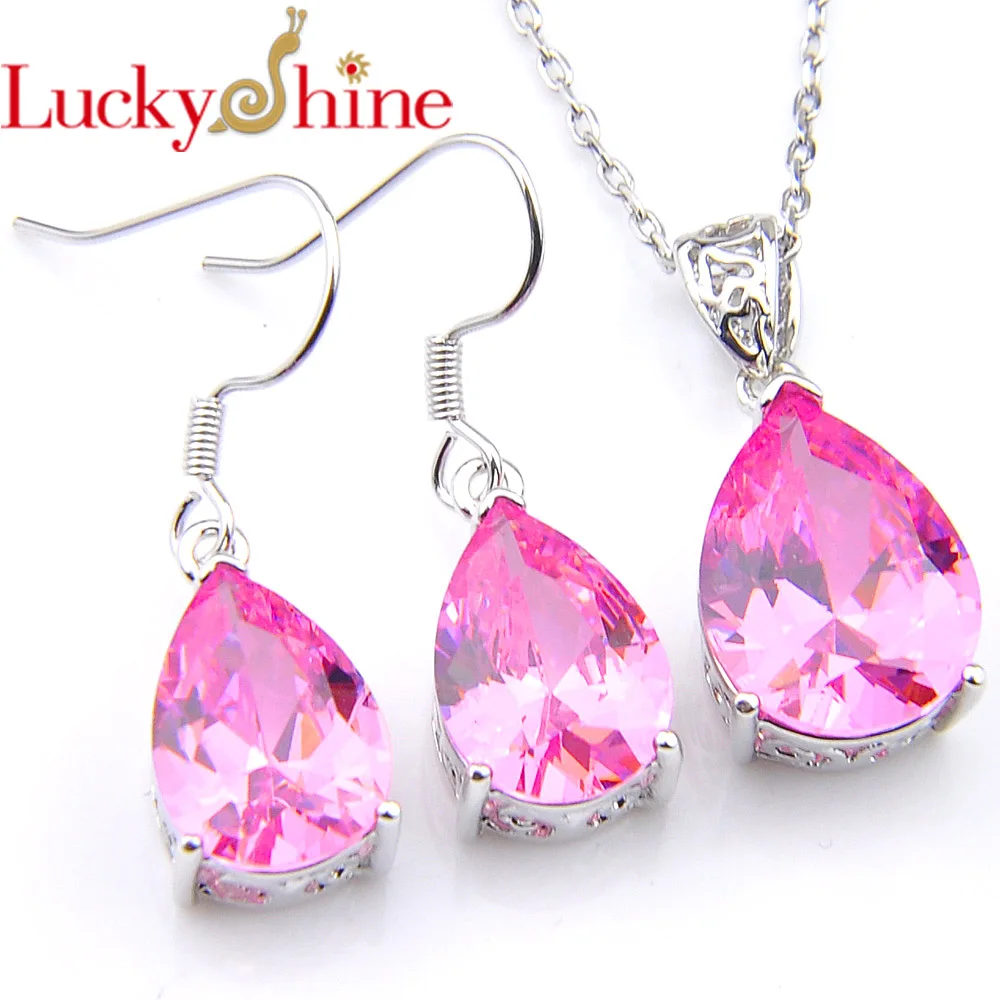 Luckyshine классический ожерелье и серьги подвески из серебра с розовым кристаллом