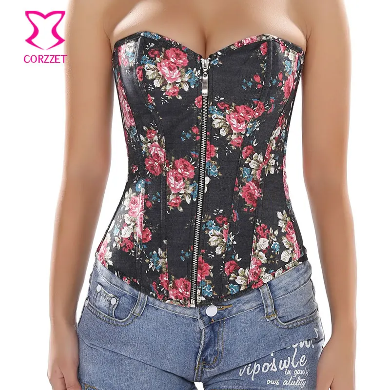 Burlesque корсет на молнии для талии черный Джинсовый цветочный бюстье топ