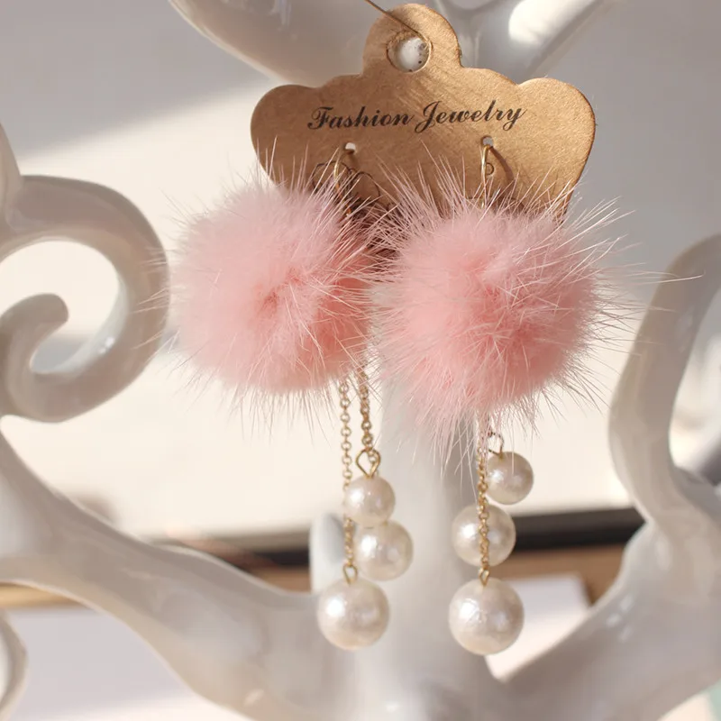 Free shipping Popular new products Hairball Plush Accessories Imitation pearls earrings for women long | Украшения и аксессуары