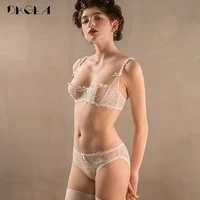 ultrathin underwear set plus size 34 36 38 e cup sexy bras lingerie lace women transparent bra set pink brassiere half cup white
