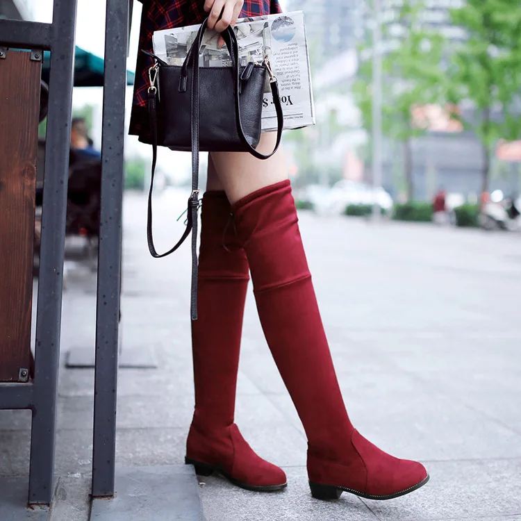 

GOXPACER New Arrival Flock Over Knee Women Boots Women Long Motorcycle Boots Slim Round Toe Flat Heel Shoes Women Winter Boots