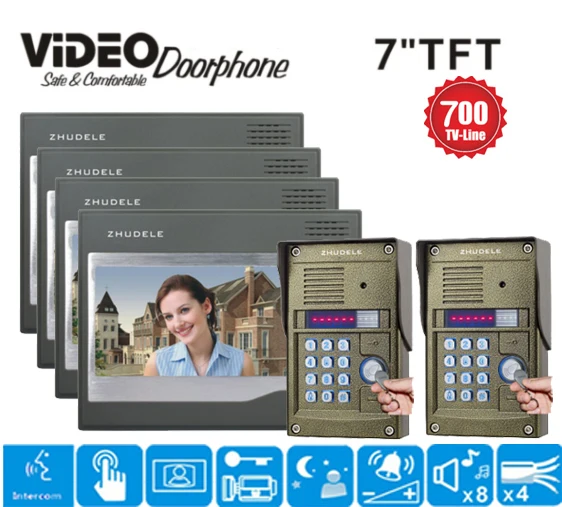ZHUDELE 7-дюймовый ЖК-дисплей 2v4 сенсорная кнопка RFID + passowrd 700 TV Line ИК камера