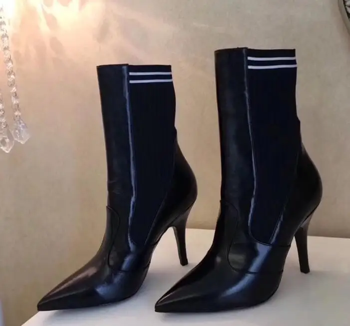 

2018 Spring Hot Red Smooth Leather Women Over The Knee Boots Sexy Pointy Toe Ladies High Heel Boots Knit Patchwork Knight Boots