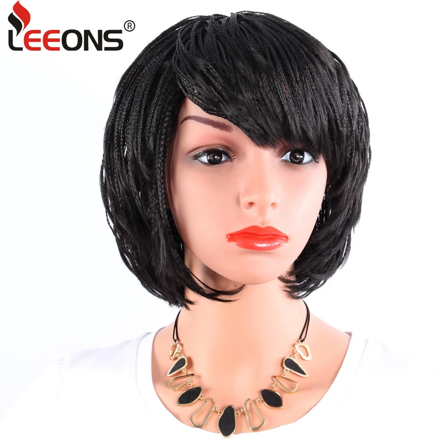 Leeons Natural Black Braided Wigs With Bangs Summer Short Wig For Women Box Braid African Wig Heat Resistant Synthetic Fiber