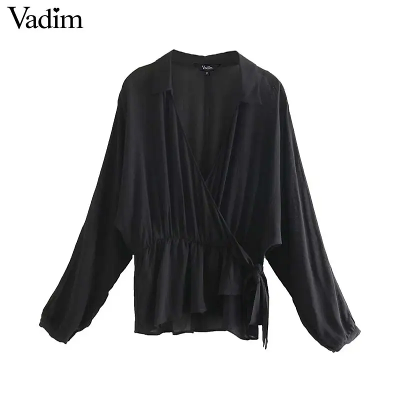 Vadim elegant V neck pleated chiffon blouse transparent bow tie sashes long sleeve sexy shirts female chic tops blusas LB151 |
