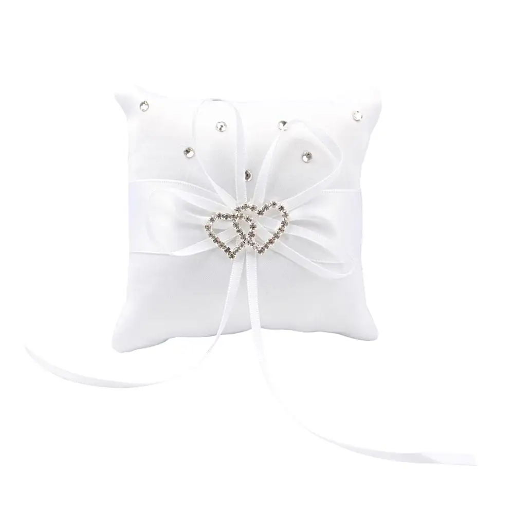 white OurWarm, 20X20 см, Алмазный Свадебный кармашек, кольцо, подушка, подушка, свадебные принадлежности, свадебное атласное кольцо, подушка, двойное сердце, бант - Цвет: white