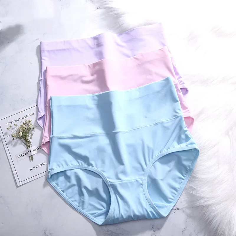 1676Purple Pink Skin LANGSHA, 3 шт./лот, высокая талия, ультра-тонкие трусики для женщин, бесшовное сексуальное женское белье, ледяное шелковое нижнее белье, трусы для похудения, бесследные трусы - Цвет: 1676Purple Pink Skin