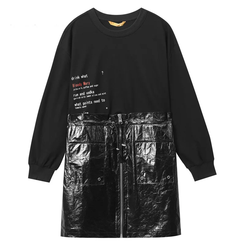 Черный ELFSACK Новое модное женское платье с круглым вырезом и буквенным принтом, женские платья до середины икры, хлопковые лоскутные платья в консервативном стиле - Цвет: Черный