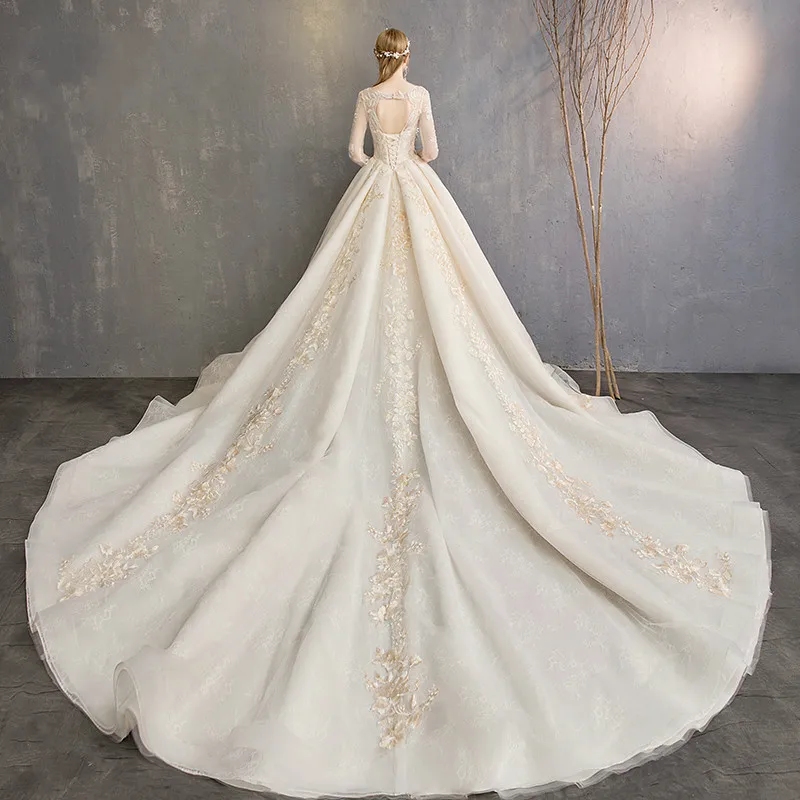 SSYfashion свадебное платье с глубоким вырезом и рукавами 3/4, со шнуровкой сзади, длина до пола, кружевное роскошное свадебное платье, свадебное платье на заказ, Vestidos De Novia