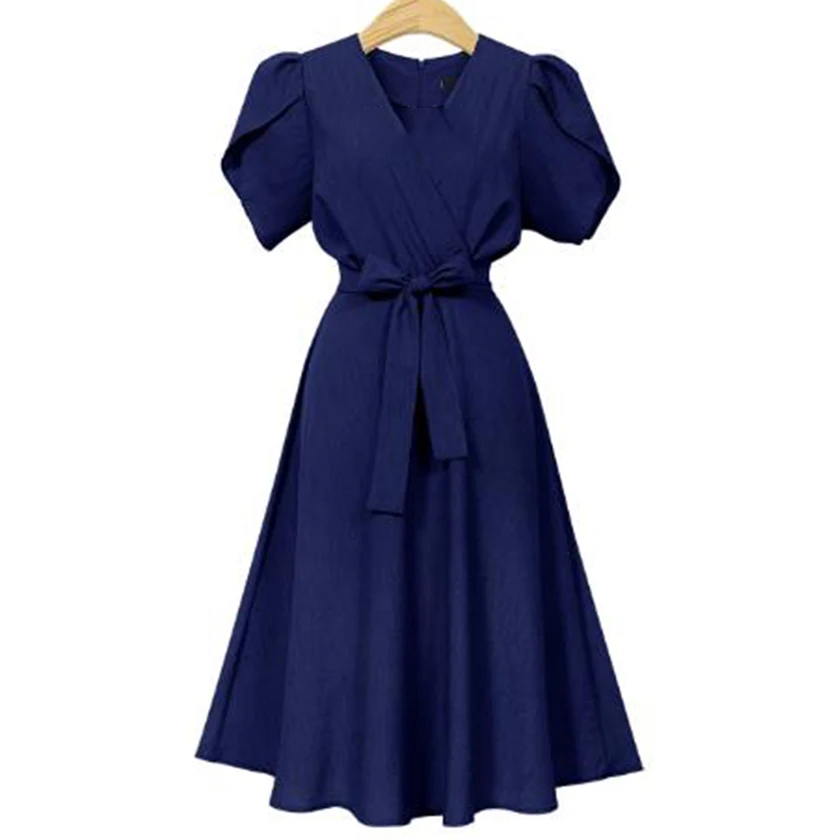 Dark Blue Sashes Женское платье свободного кроя размера плюс, летнее Новое Элегантное платье с поясом и бантом, высокая талия, v-образный вырез, однотонное модное платье для офисных леди D8D725C - Цвет: Dark Blue Sashes