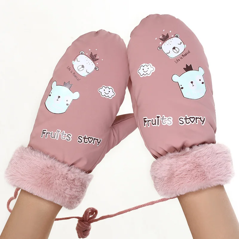 A Pink Зимние женские плюс плюшевые толстые теплые спортивные Лыжные рукавицы женские рисунок с милым медведем имитация кожи поверхность ветрозащитные перчатки 84AB - Цвет: A Pink
