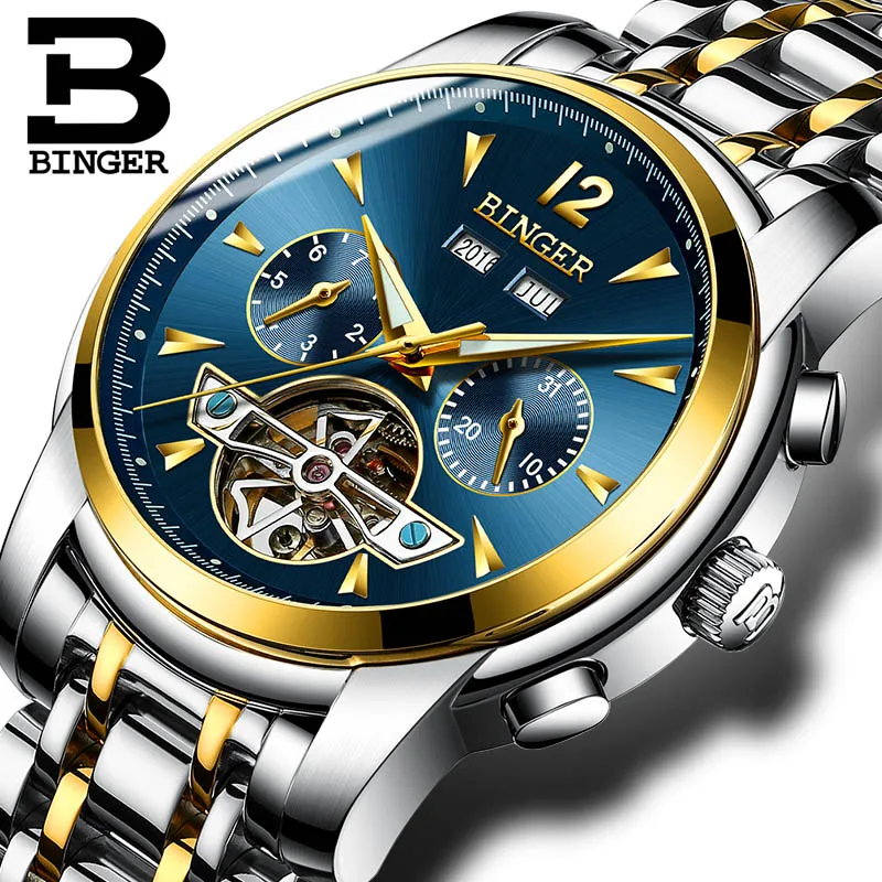 Серебристо-синие мужские часы BINGER Tourbillon крутые механические Автоматические со