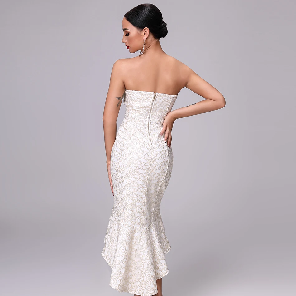 Роскошное Золотое кружевное длинное платье для женщин Русалка Vestidos сексуальное без бретелек облегающее Бандажное платье для вечеринок Новое подиумное рождественское платье