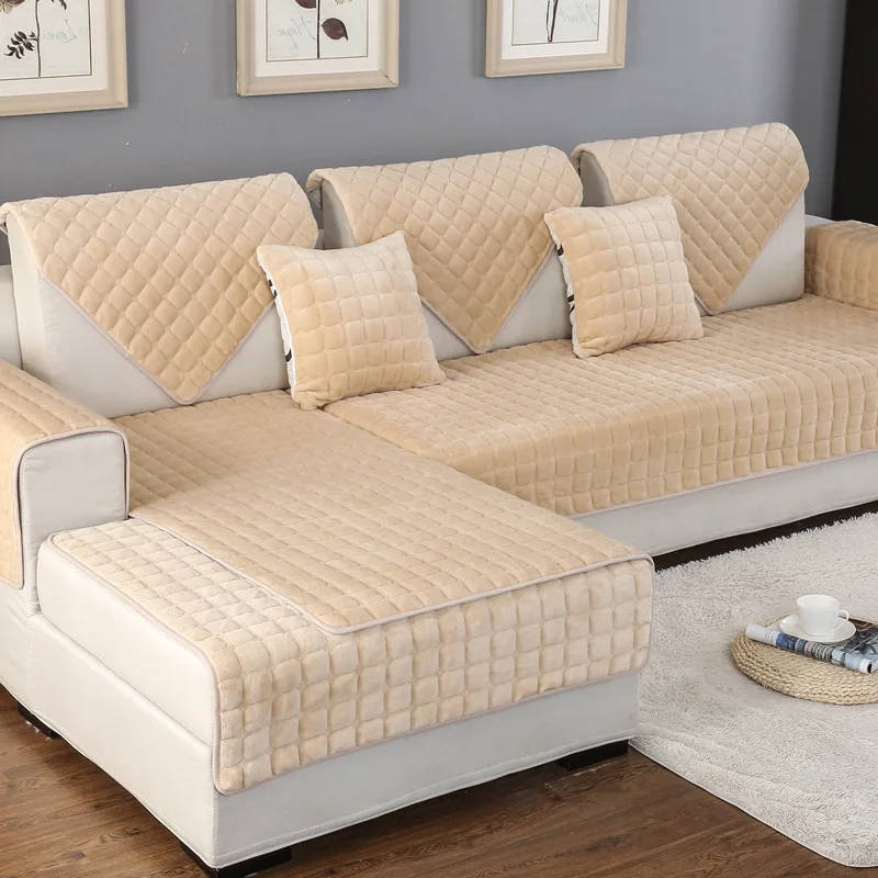 Beige Плюшевая в клетку подушка для дивана, подлокотник, полотенце, заднее полотенце, серая бежевая кожаная наволочка, чехол для дивана, набор для дивана, простое современное полотенце - Цвет: Beige