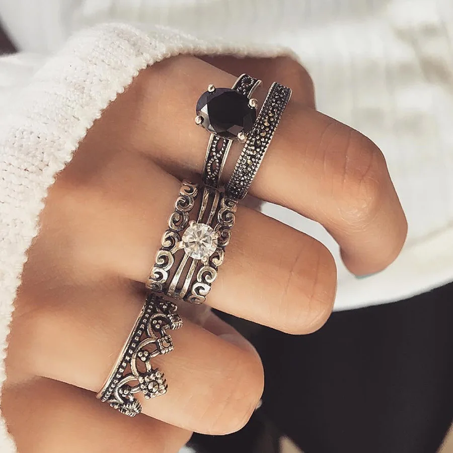 6 шт. кольца в стиле Бохо из черного камня для женщин антикварное серебряное