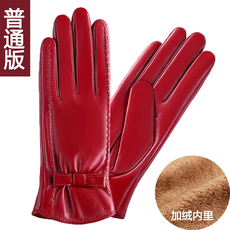 Genuine leather gloves women's fashion gloves winter add velvet thicken warm telefingers gloves touch screen sheepskin gloves068 - Цвет: Red regular edition