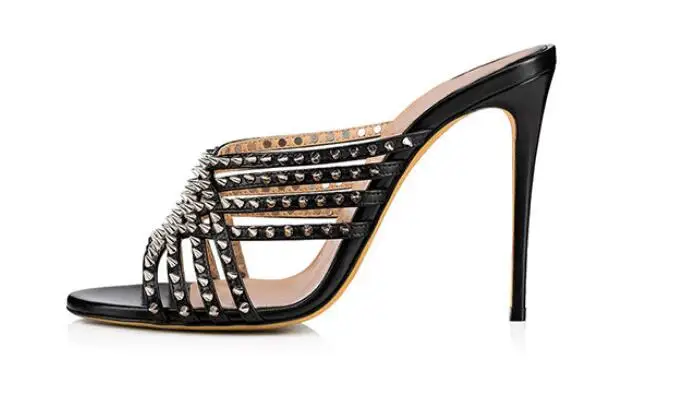 Sexy Silvery Rivet Embellished Hollow Mouth Slides Studded Slip On Open Toe High Heel Sandals Stiletto Mules Shoes | Обувь
