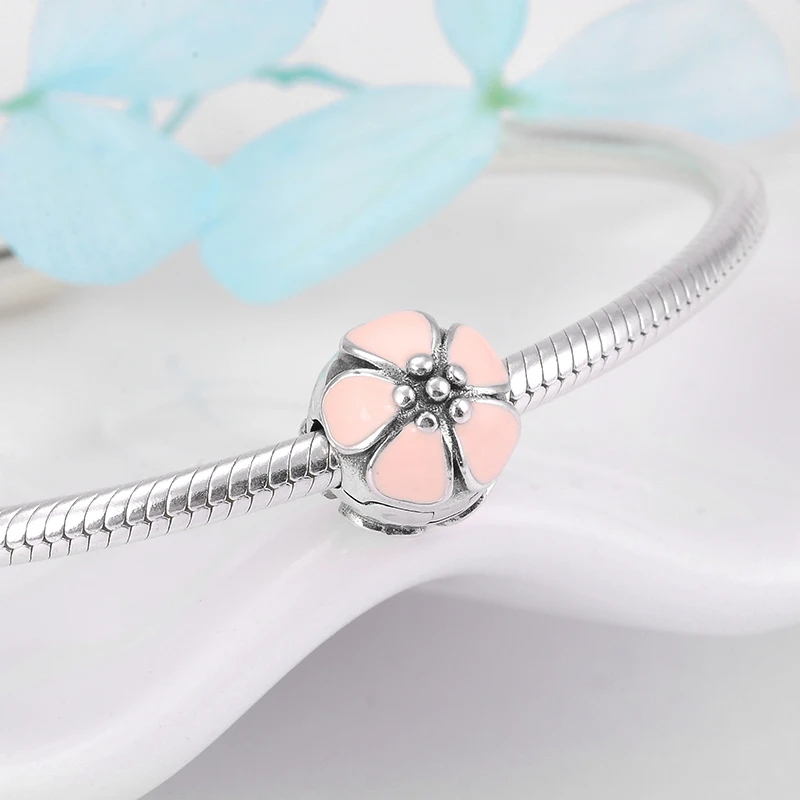 Authentic 925 Sterling Silver charms clips lock beads pink enamel flower Safety Stopper Fit Original Pandora Charm Bracelet | Украшения и