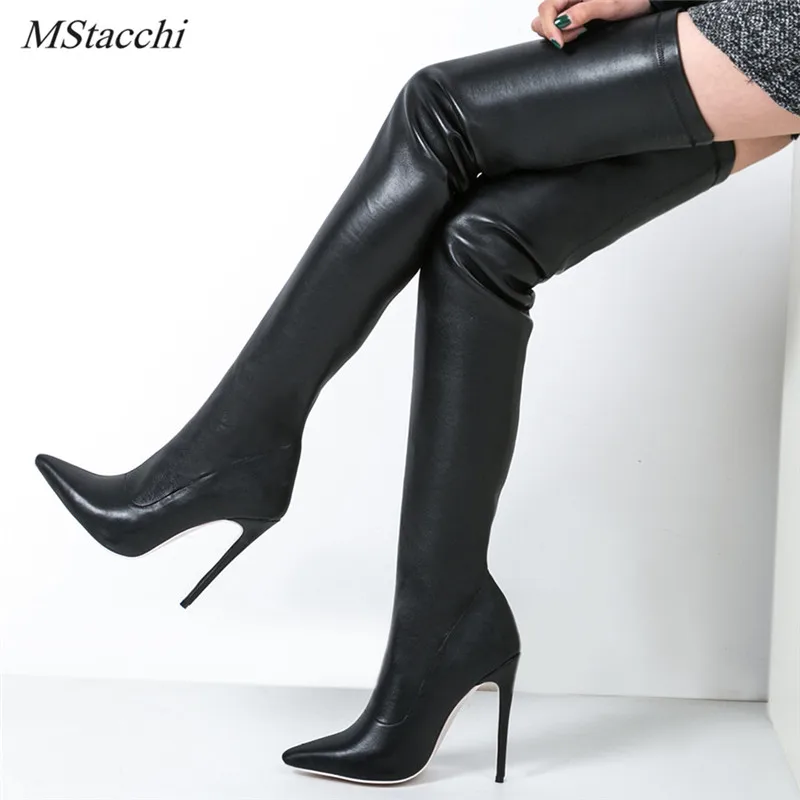 

Mstacchi/женские Сапоги выше колена облегающие сапоги до бедра из эластичной кожи пикантная вечерняя Обувь с острым носком на высоком каблуке-ш...