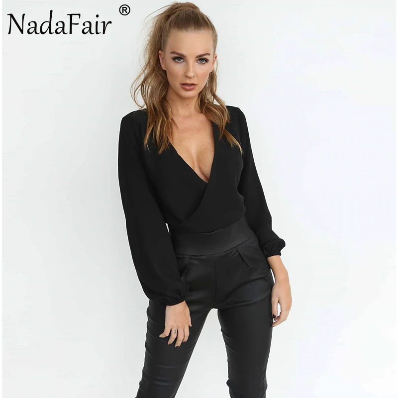Nadafair, элегантная офисная шифоновая белая блузка, женские рубашки, v-образный вырез, сексуальная открытая спина, бант, вечерние блузки с длинным рукавом, женские топы - Цвет: Черный