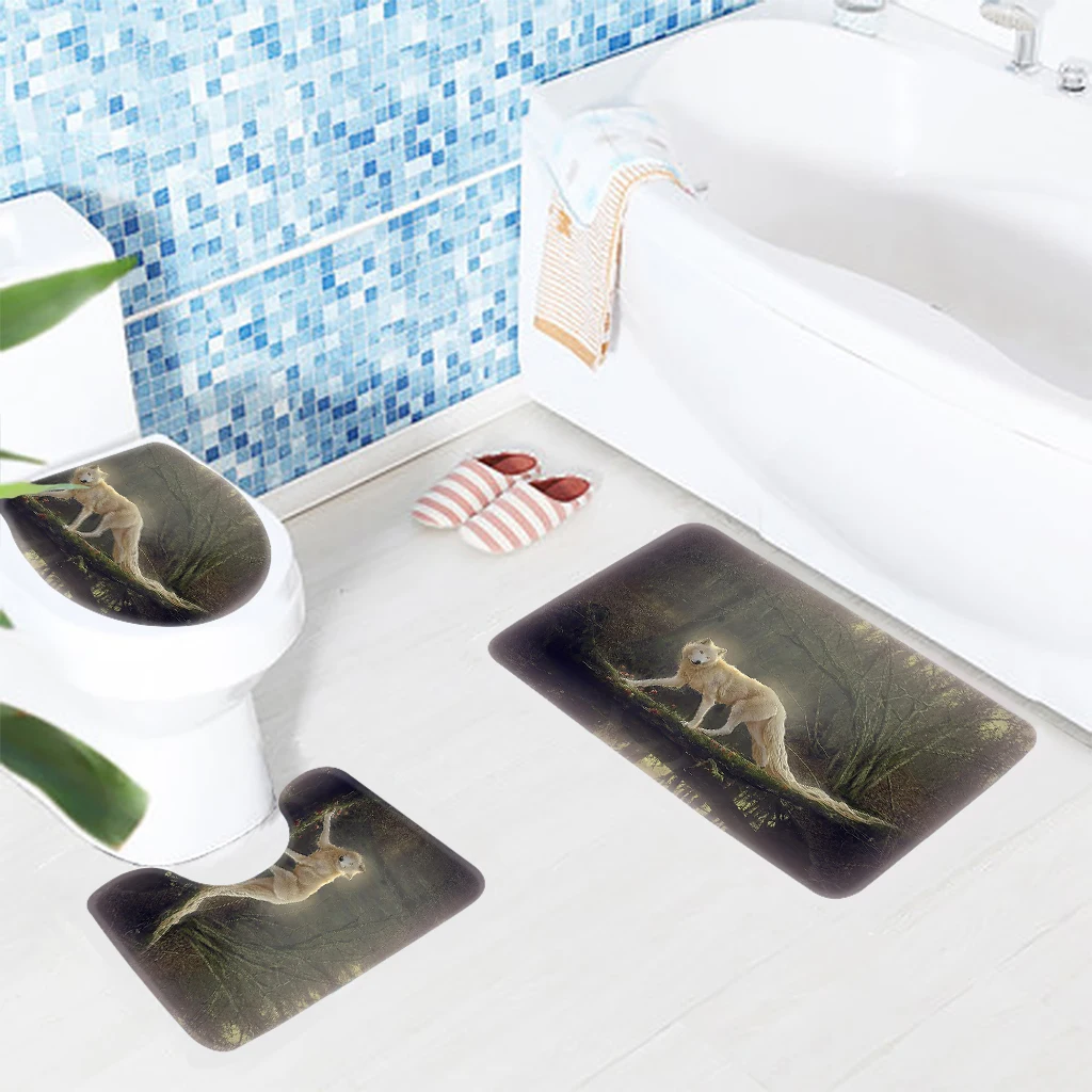 3pcs Bath Mat Set Beautiful White Wolf Pattern Anti Slip Modern Bathroom Rug and Toilet Sets | Дом и сад