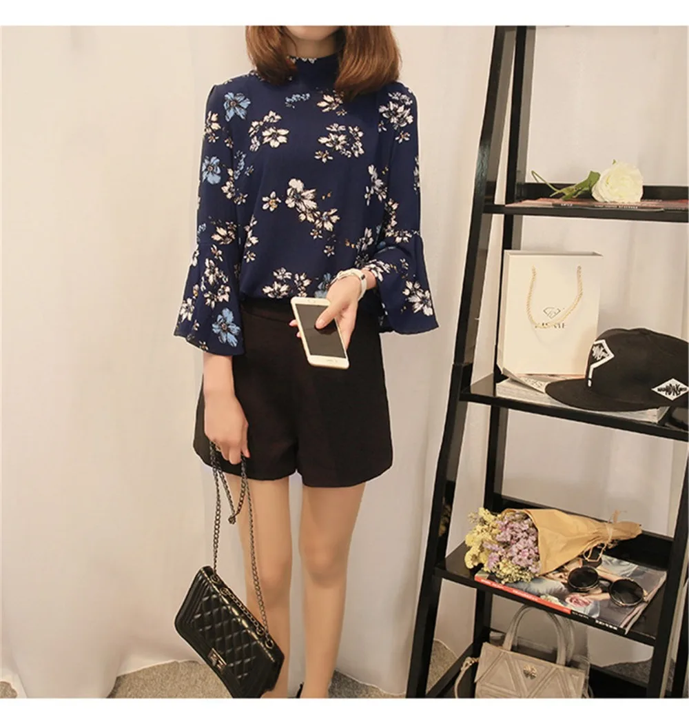 2018 корейская мода шифоновая с цветочным принтом Блузка женская рубашка Летняя