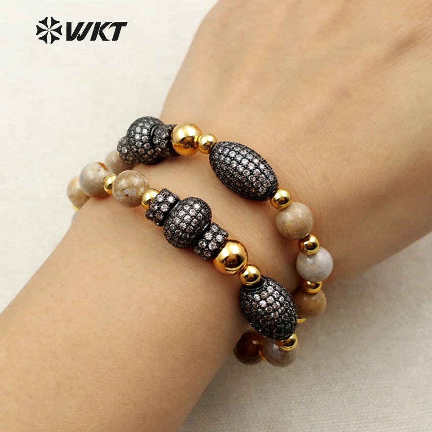 

MB095 WKT Natural Picasso Round Beads And Gold Color Brass Beads With Different Size CZ Pave Beads In Adjustable Bracelet