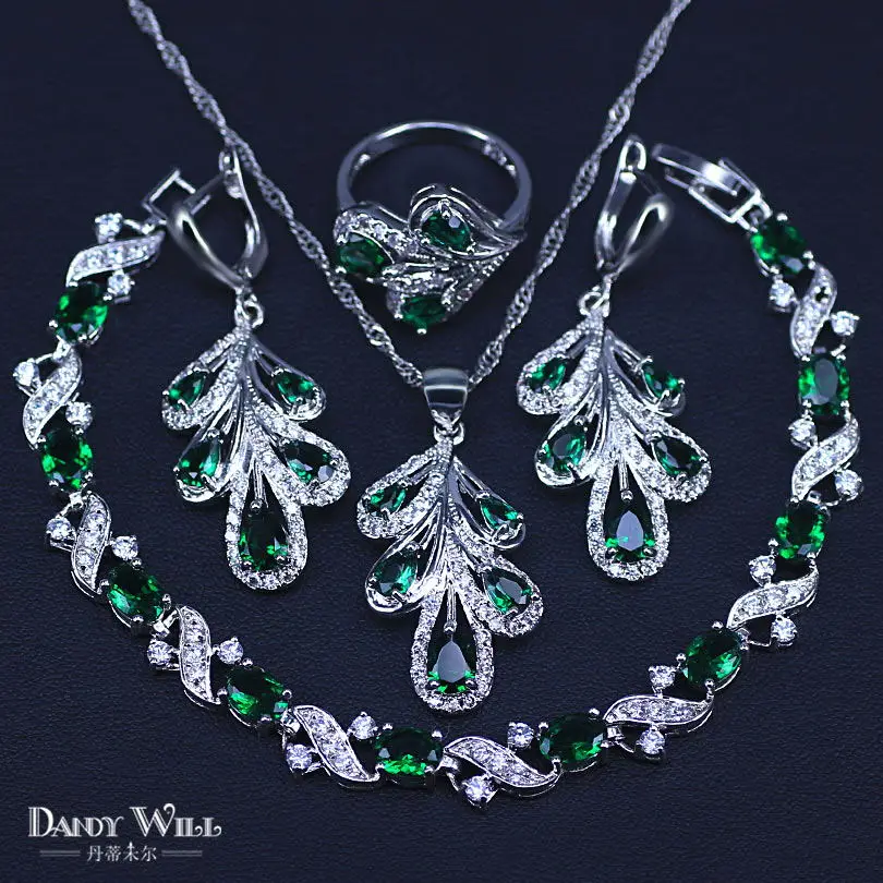 Jewelry Set 4 шт большой лист многоцветные элегантные женские вечерние браслеты из стерлингового серебра 925 кубического циркония Ожерелье Браслеты, набор ювелирных украшений - Окраска металла: Jewelry Set
