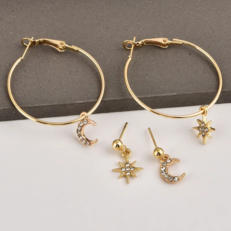 Новые корейские модные женские со стразами Серьги Звезды Луна уха кнопки для