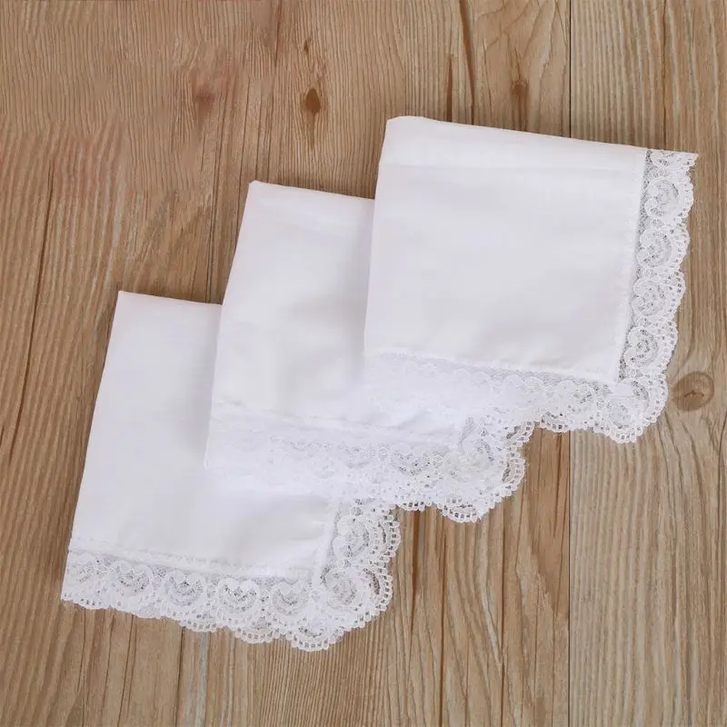 Women Plain White Square Handkerchiefs Crochet Peach Heart Scalloped Lace Trim Bridal Wedding DIY Cotton Napkin Hankies 25x25cm |