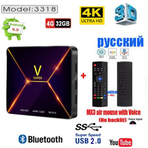 V SUPER Smart tv Box Android 9,0 4 Гб ОЗУ 32 Гб ПЗУ Rockchip RK3318 4K USB2.0 телеприставка H96 MAX 3318 - Цвет: 4G 32G MX3 voice