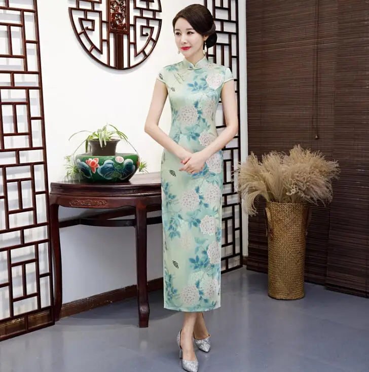 Высокая мода Мандарин Воротник шелк атлас с новогодней елкой, бумажный принт Qipao элегантный цветок сексуальное длинное платье плюс SZ M-4XL - Цвет: 0009