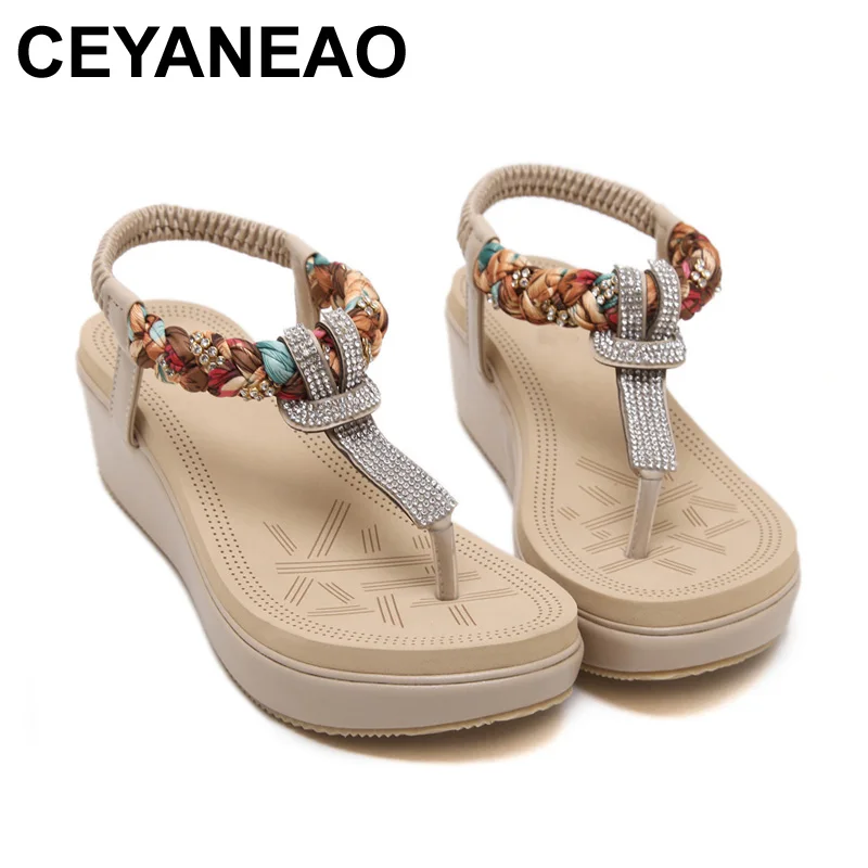 CEYANEAO/Модные женские босоножки на платформе; пляжные сандалии в богемном стиле; стразы; женские босоножки с Т-образным ремешком; женская обувь; большие размеры; BZT704