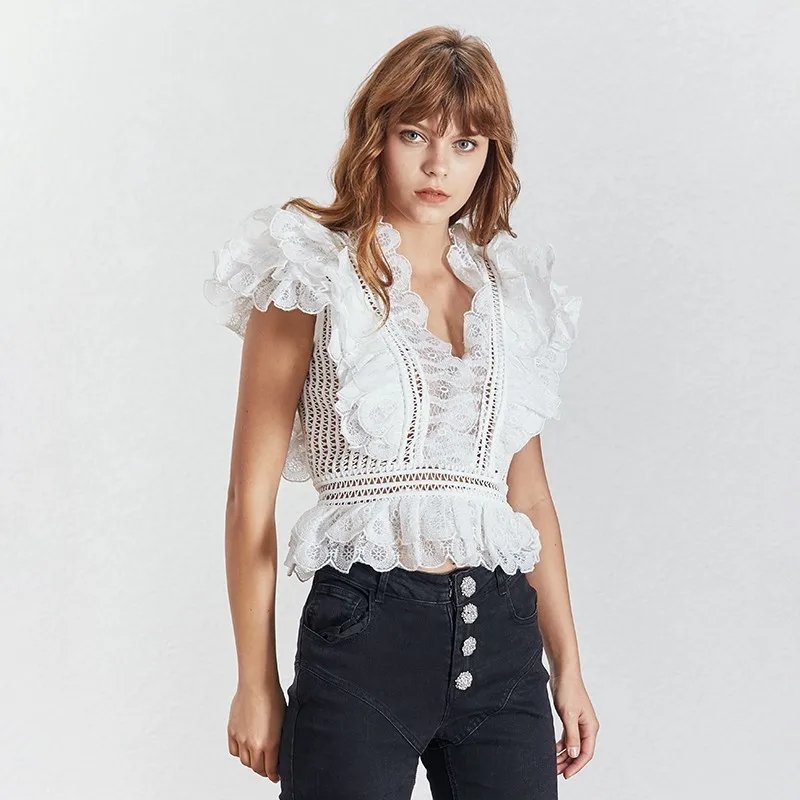 white TWOTWINSTYLE модная летняя кружевная открытая женская рубашка с v-образным вырезом и длинными расклешенными рукавами с рюшами, короткая приталенная одежда для женщин - Цвет: white