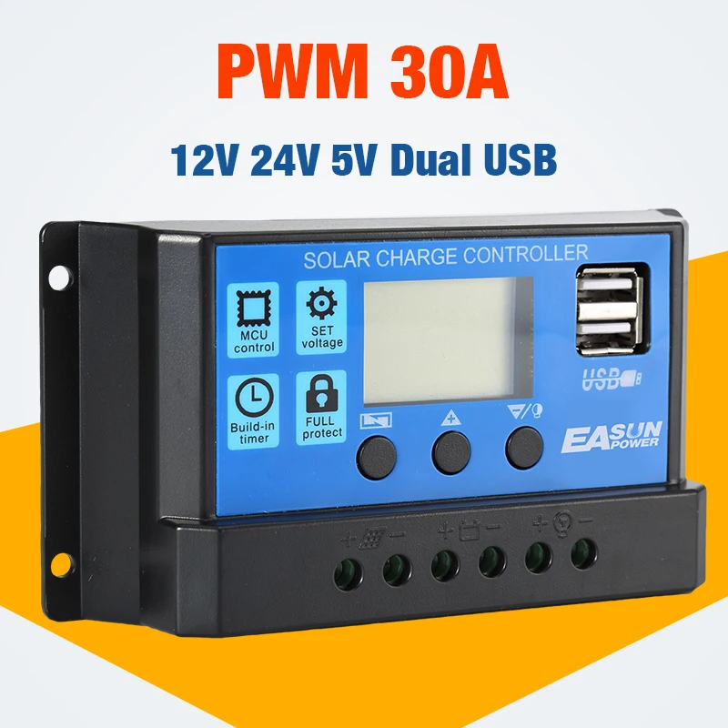 Solar controller 30A 12V 24V Auto Charge Controller PWM With LCD Dual USB 5V Output Cell Panel Regulator PV Home | Строительство и