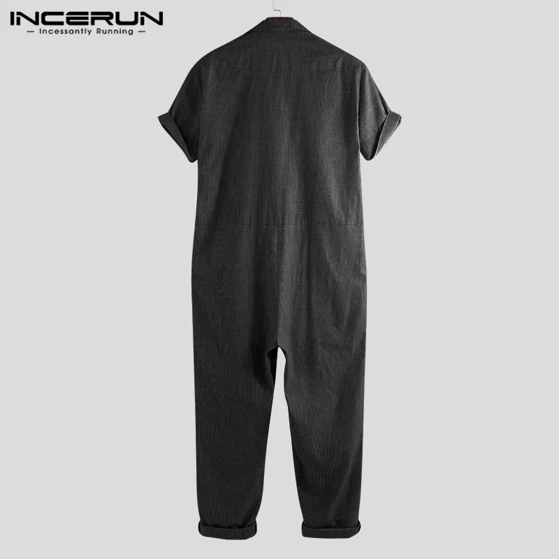 INCERUN,, модные мужские комбинезоны, однотонный комбинезон, джоггеры, с отворотом, на шее, с коротким рукавом, повседневные штаны, свободные, мужские, карго комбинезоны, уличная одежда