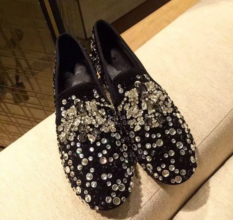 Luxury Shoes Women Designers Sliver Blue Gold Crystal Embellished Flats Round Toe Shallow Casual Loafers Woman Dress | Обувь
