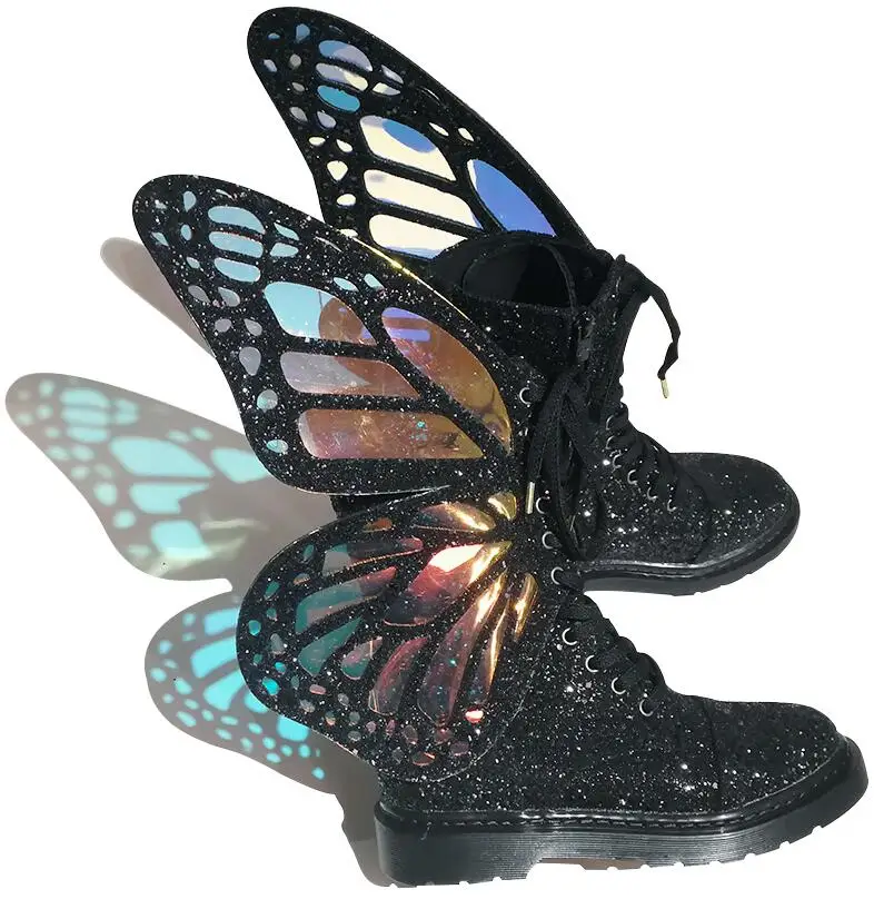 Buono Scarpe/женские кроссовки с крылышками и бабочками; блестящие Серебристые короткие ботинки на шнуровке; цветная женская обувь; женские кроссовки с блестками - Цвет: black