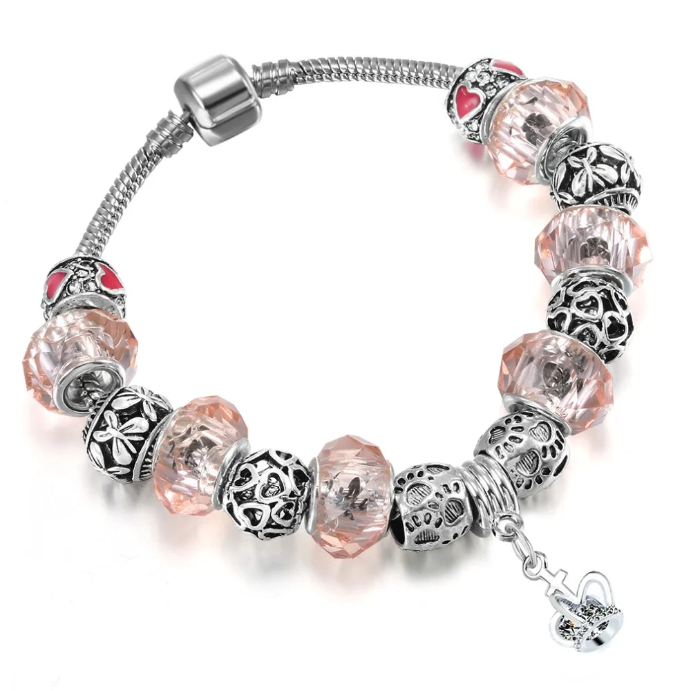 1 ШТ. Мода Подвески Серебряное Сердце Браслет для Женщин DIY Стеклянные Бусины Fit