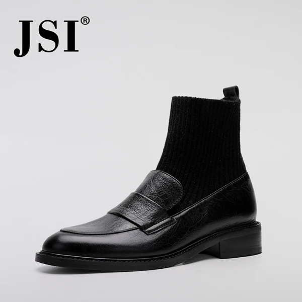 Black Cow Leather JSI/Брендовые женские ботильоны; Новинка; модная обувь из натуральной кожи без шнуровки; дизайнерская женская обувь; элегантные черные ботинки на квадратном каблуке с круглым носком - Цвет: Black Cow Leather