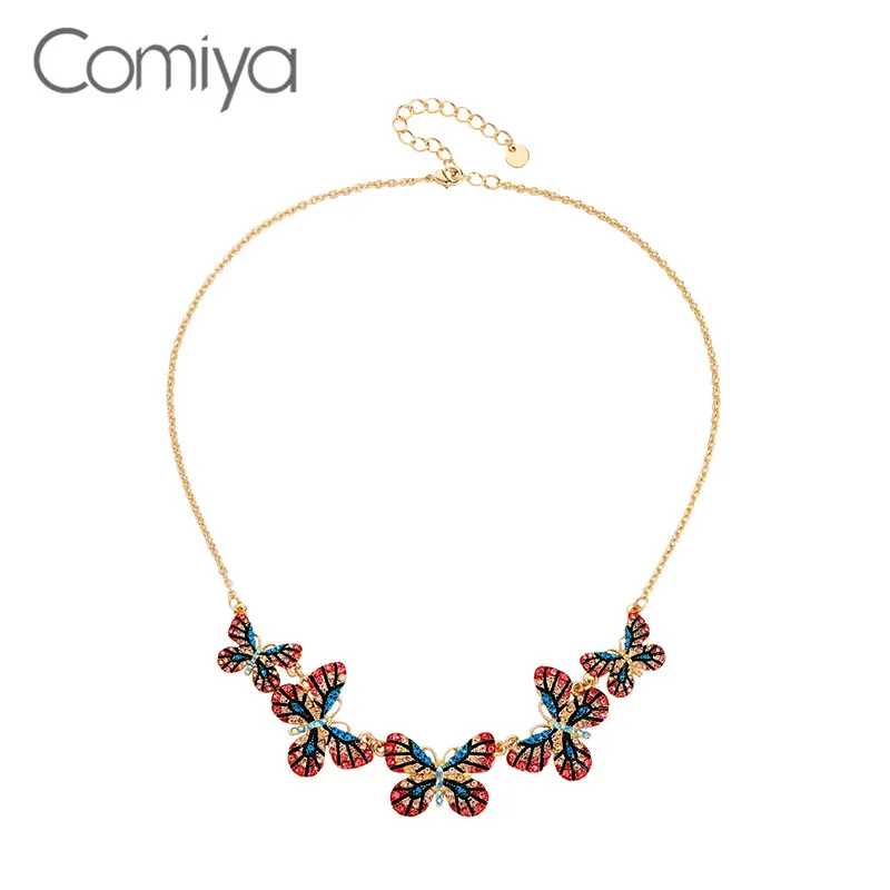 Comiya Длинные ожерелья золотистого цвета кристалл бабочки кулон цинковый сплав