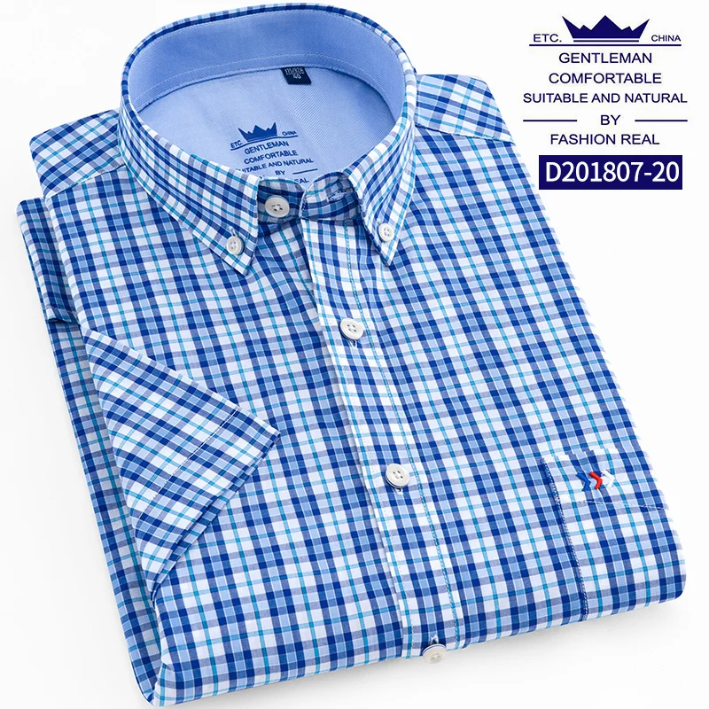 1807 20 Blue plaid Тонкая летняя мужская рубашка с коротким рукавом, хлопок, приталенная однотонная оксфордская деловая рубашка в клетку, Мужская официальная рубашка на пуговицах с карманом - Цвет: 1807 20 Blue plaid