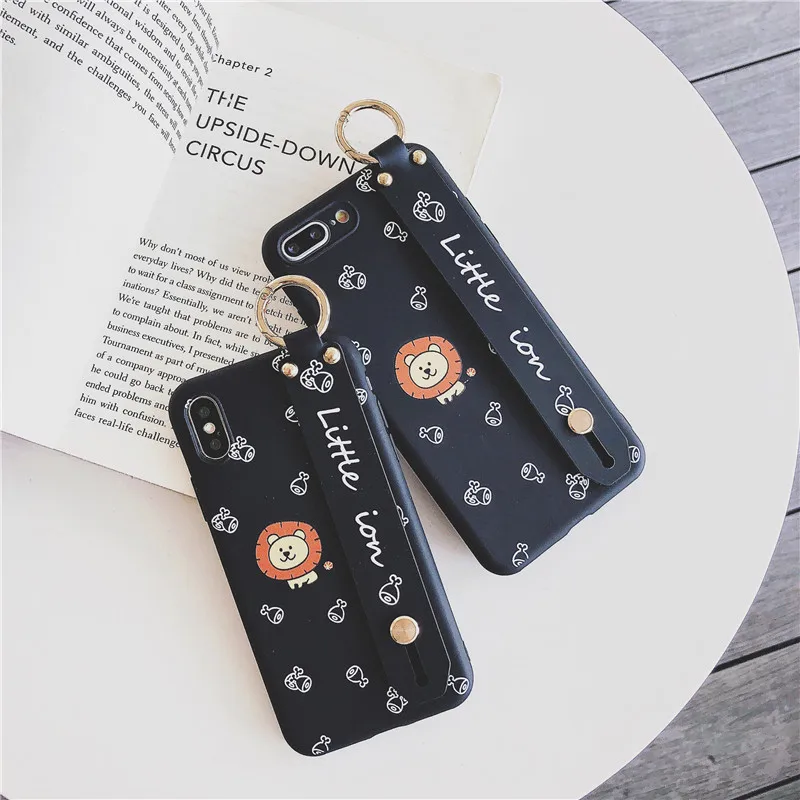 Wrist Strap Soft IMD Phone Case For iphone 7 8 6 6s plus X Xs max XR Cute cartoon animal lion black |