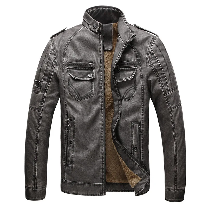 New Fleece Pu Leather Jacket Men Stand Collar Solid Punk Outerwear Motor Biker Overcoats Large Size Male Jackets | Мужская одежда